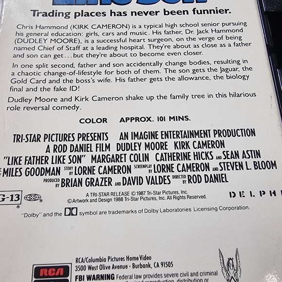 Like Father Like Son Vintage 1987 VHS Movie - Picture 3 of 4